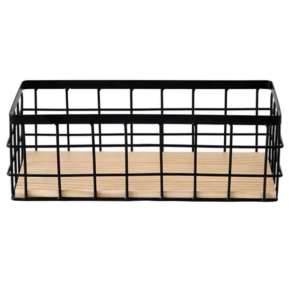 Small Metal Wire Storage Basket in Farmhouse Organizer with Wooden Bottom for Kitchen.