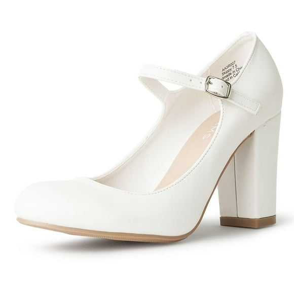 J. Adams Skippy Mary Jane Shoes Women Oxford Pumps - Kitten High Heels - Retro Vintage 1950s Round Toe Shoe with Ankle Strap Dress Shoes - White - 8