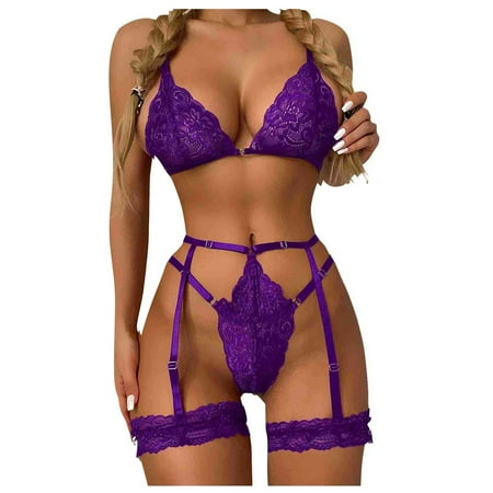

KDDYLITQ Women Lingerie Sets Babydoll Lace Plus Size with Garter Belt 3 Piece Women s Bra and Panty Set Purple XL