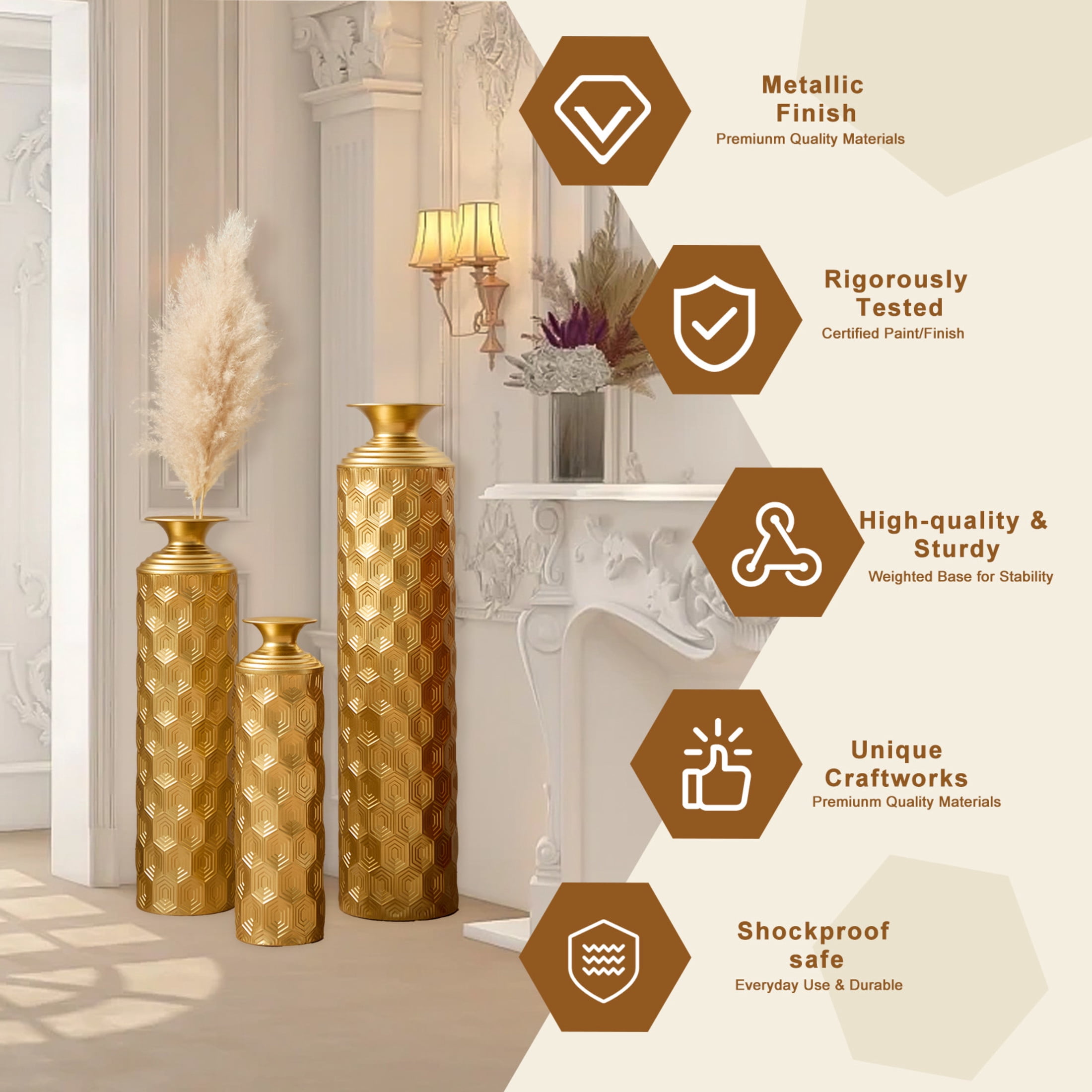 Noble House 3-Piece Gold Metal Floor Vase Set, 33.46", 25.59", 19.69" Hexagon Textured Decorative Vases