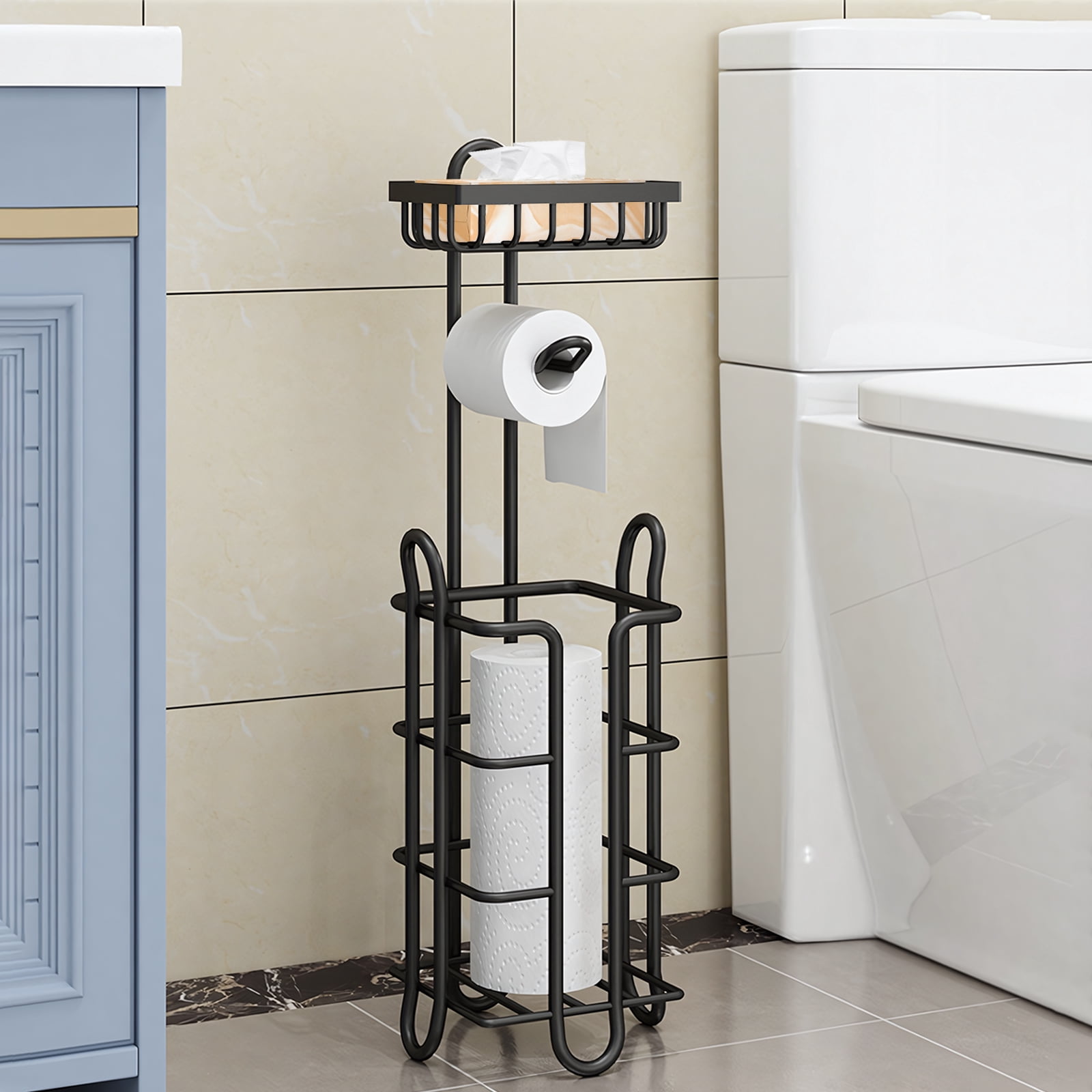 Yoneston 2 Pcs Toilet Paper Holder with Large Top Shelf Heavy Duty Bathroom Freestanding Toilet Paper Roll Stand, Iron Black