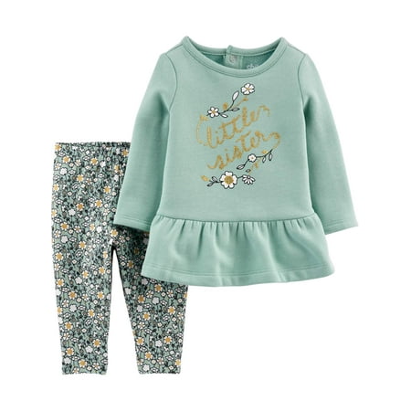 Carters Girl 2t Summer Child of Mine by Carter's Toddler Girl Long Sleeve Fleece Ruffle Hem Top & Pants, 2 pc Outfit set ()