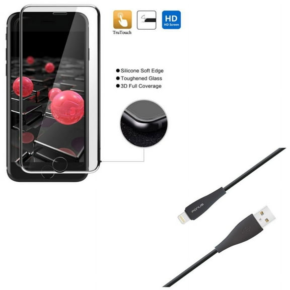 iPhone 8/7/6S/6 - Tempered Glass Screen Protector w Charger Cord 10ft USB Cable - 3D Curved Edge Full Cover HD Clear 9H Hardness, Power Wire Long Sync Fast Charge for iPhone 8/7/6S/6