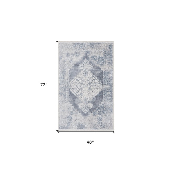 4' X 6' Blue Oriental Power Loom Distressed Washable Area Rug