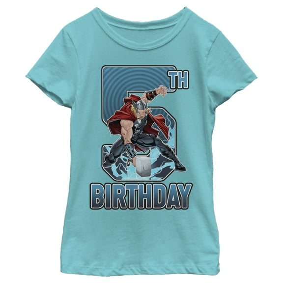 Girl's Marvel Thor Hammer 5th Birthday Graphic Tee Tahiti Blue Small