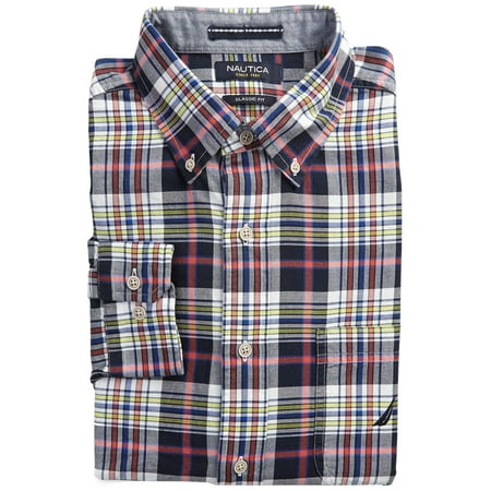 NAUTICA Classic Fit Button Down Shirt Small S Navy Seas Plaid Long Sleeves