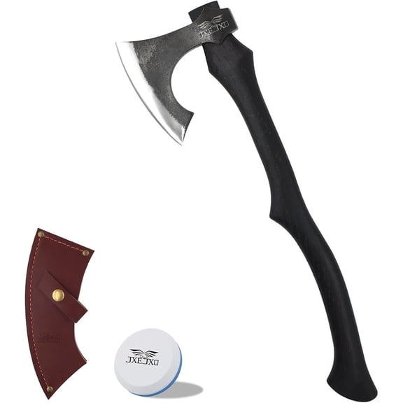 JXE JXO 22.8 Inch Hatchet, Splitting Axe 1065 High Manganese Steel, Hickory Handle Tomahawk Axe with Leather Sheath