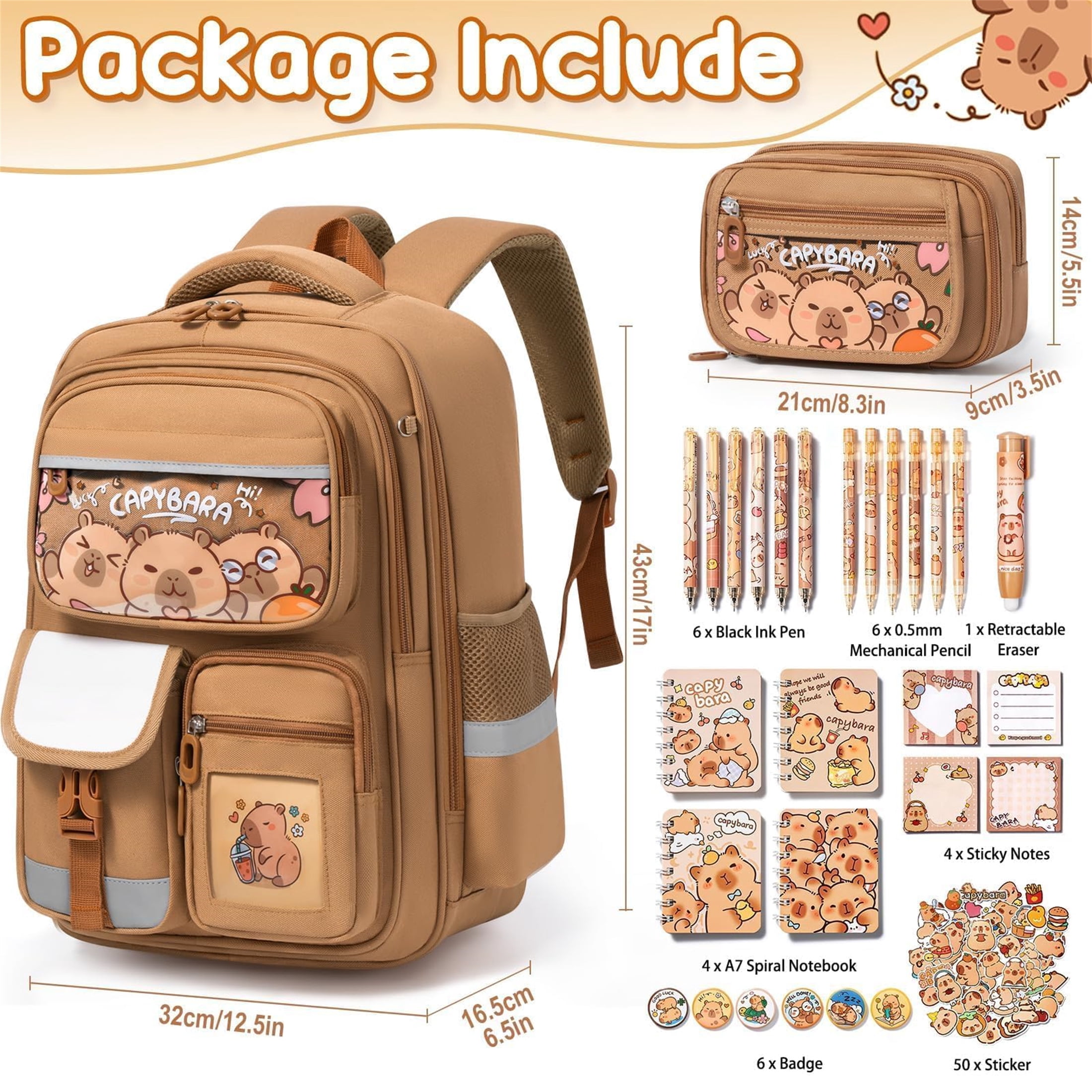 28PCS Kawaii Capybara Backpack with Pencil Case & Stationery Set