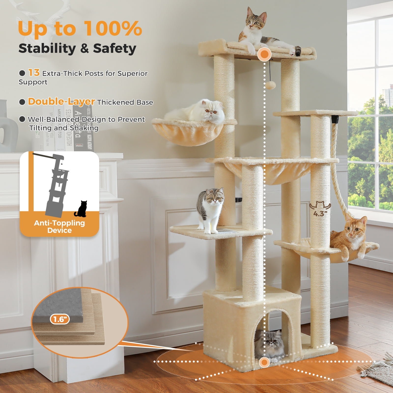PEQULTI 67" Maine Coon Cat Tree Large Cat Tower for Indoor Cats with 8 Thick Scratching Post Beige