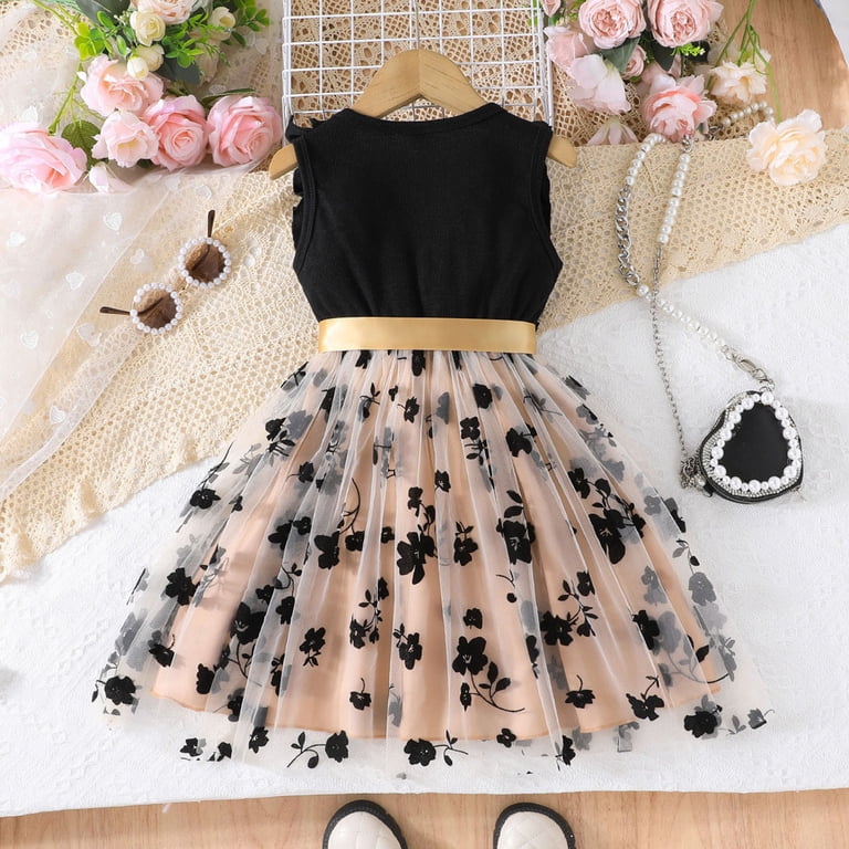 cute mesh dresses WhouRiu Little Girls Dresses Heart Print Ruffle Sleeveless Mesh Dress  Children Cute Summer Princess Tulle Dresses Black,Size 5-6 Y