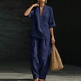 thumbnail image 4 of hoksml Women's 2 Piece Linen Set, Summer Vacation Outfits, V-Neck Batwing Sleeve Top and Wide Leg Pants, 4 of 7