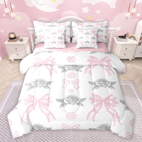 jejeloiu Retro Bow Ribbon 7-Piece Twin Bedding Sets,Cartoon Flowers Pattern Bedding Comforter Set,White Pink Gray Sheet Sets For Girl,Microfiber Bedroom Decor Reversible