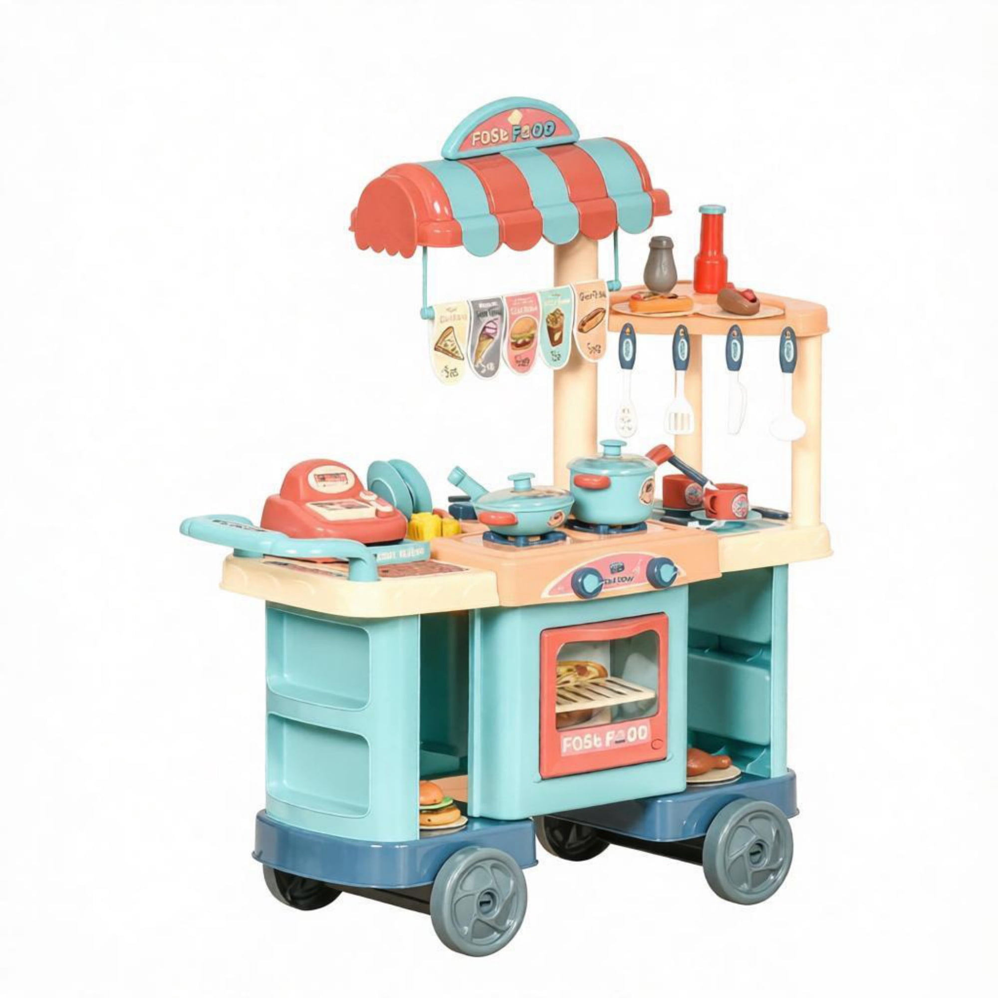 Kids Kitchen Food Stand with Play Food, Cashier Register, for 3-6Y Kids Grocery Store Pretend Play & Social Skill Training