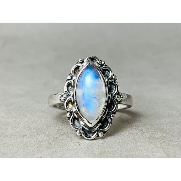 Heaven Crafts Marquise Shape Moonstone Ring 925 Sterling Silver Boho Gypsy Jewelry Gift For Her