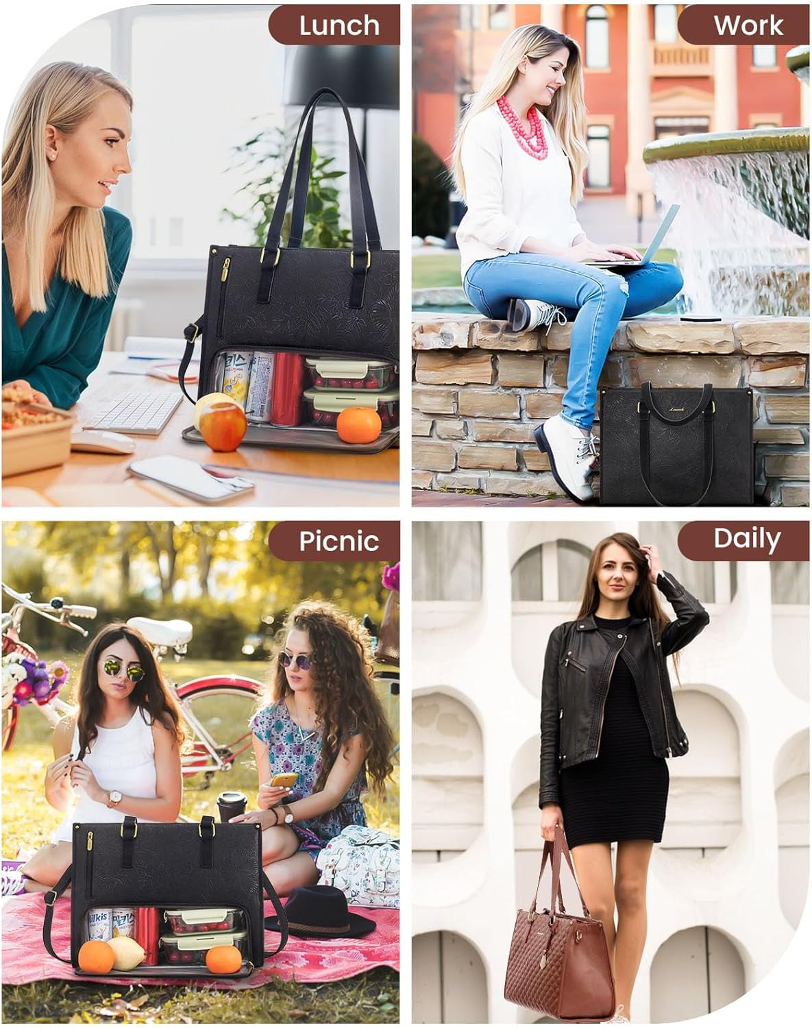 Lovevook Work Tote Bag for Women, Classic Quilted Pu Leather Handbag Purses with 15.6 in Laptop comparment and Insulated Lunch Compartment better for work lunch nurse college picnic drinks casul