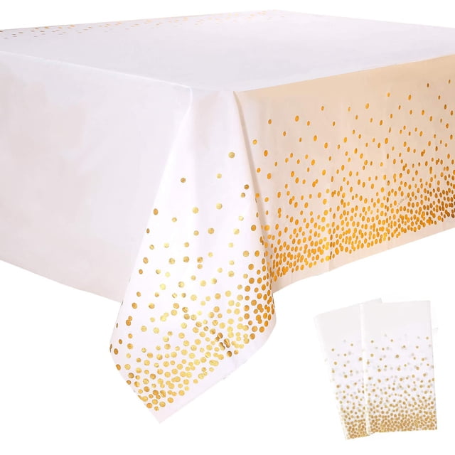 Mantel de plástico negro y dorado de 2 paquetes, 54 pulgadas x 108 pulgadas, rectangular, desechable, con lunares, para fiestas, adecuado para cumpleaños, graduaciones, restaurantes, decoración de
