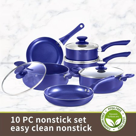 10-Piece Diamond Blue Nonstick Cookware Set - Aluminum Pots & Pans with Lids - Induction/Gas/Oven-Safe, PFAS-Free Easy Clean for Family Meals