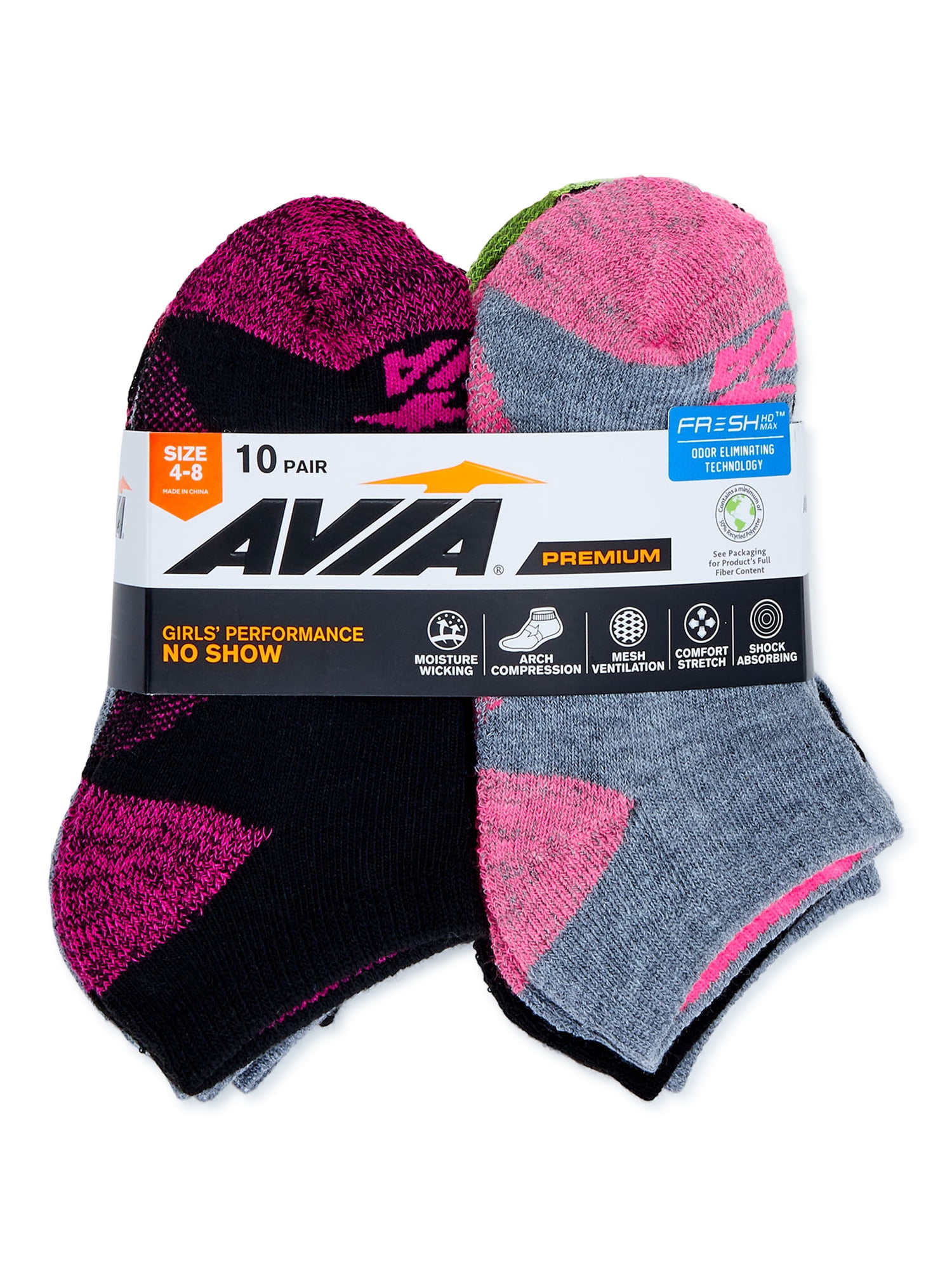 Avia Girls No Show Socks, 10-Pack