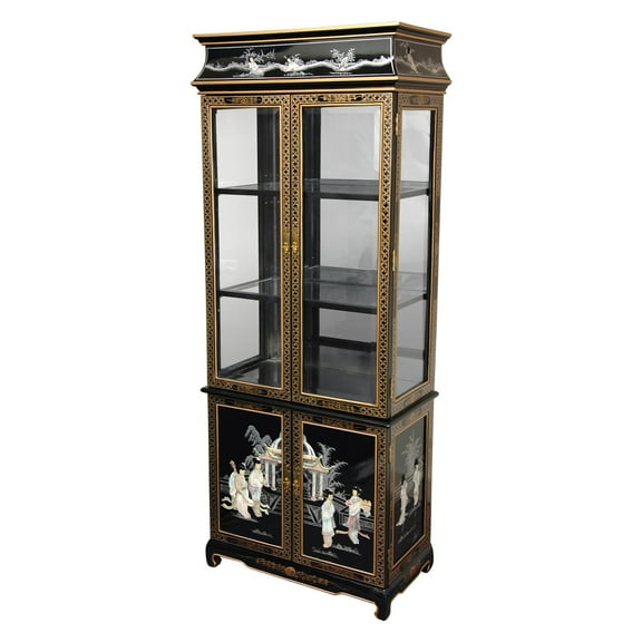 Oriental Furniture Lacquer Curio Cabinet, Black Mother of Pearl Ladies, decorative item, oriental design, any occasion, any room