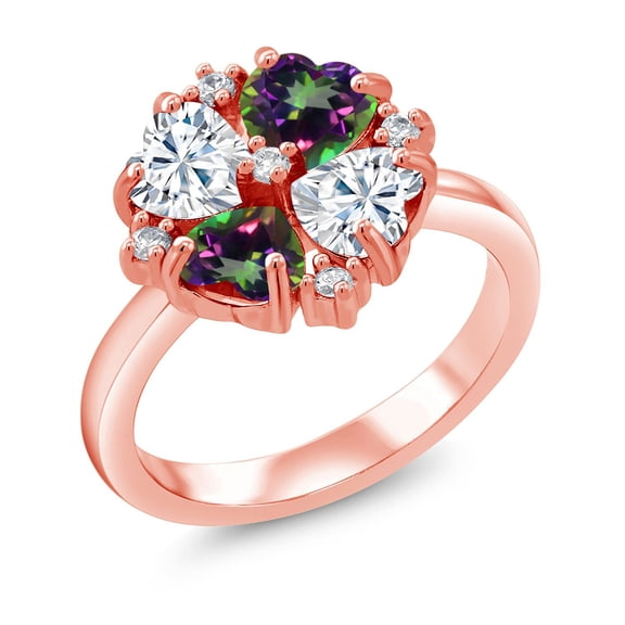 Gem Stone King 18K Rose Gold Plated Silver Moissanite and Green Mystic Topaz Ring for Women (2.28 Cttw, Heart Shape 5MM, Gemstone Birthstone, Size 6)