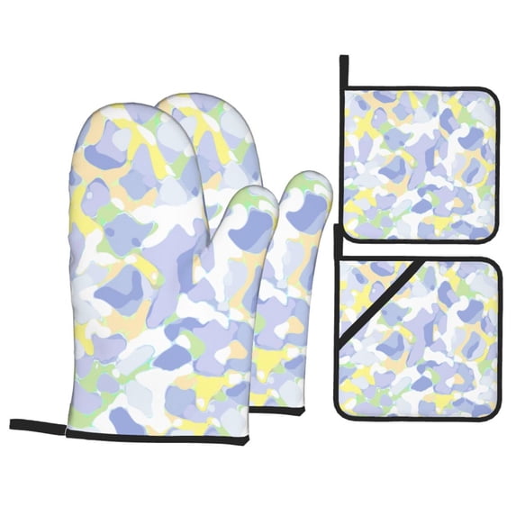 YFYANG Oven Mitts and Pot Holders Sets 4 Pcs, Non-Slip Heat Resistant Purple Camouflage Pattern Kitchen Glove Pot Mat for Cooking and Baking