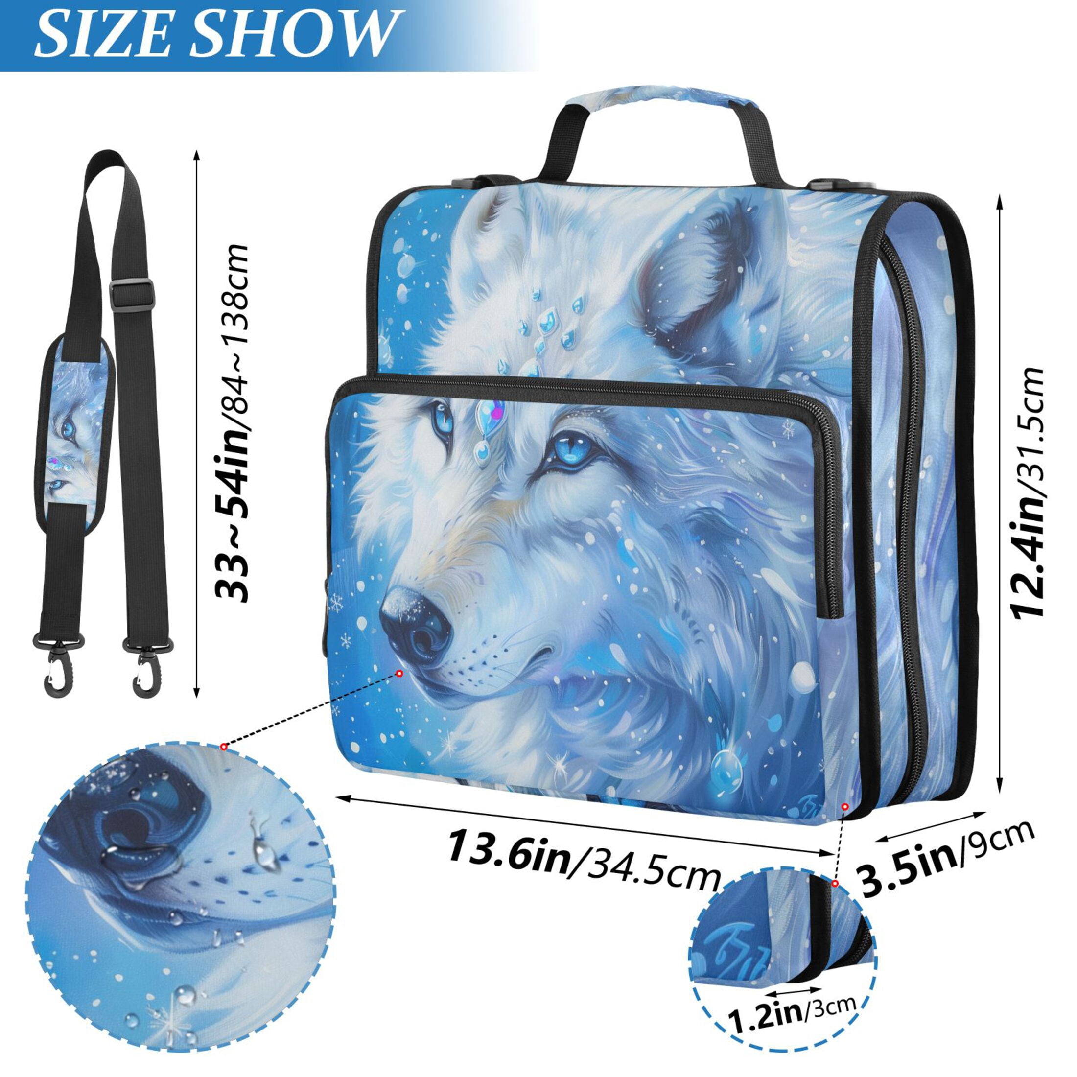 3 Ring Zipper Binder with Shoulder Strap Waterproof Trapper Keeper 2 Inch D-Ring 500 Sheets Capacity White Wolf with Gems