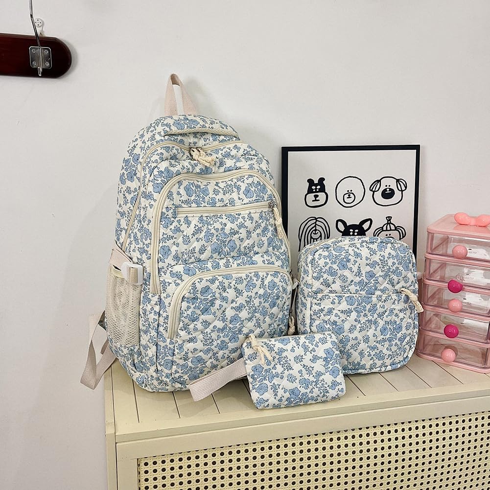 This 3-piece backpack set comes with a cute floral quilted backpack, a medium-sized messenger bag and a small travel storage bag for ladies, presenting a simple and comfortable look