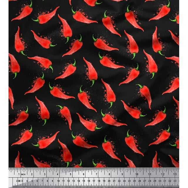 Soimoi Black polyester Crepe Fabric Chilli Vegetable Print Fabric by the Yard 42 Inch Wide