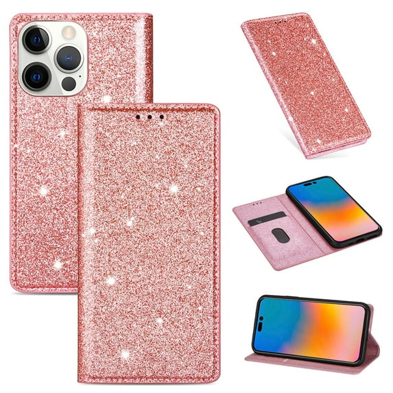 SaniMore Magnetic Flip Wallet Case for iPhone 14 Pro Max 6.7", PU Leather Ultra-Thin Glitter Cover Buil-in Card Slot & Kickstand Shockproof Protective Shell for iPhone 14 Pro Max, Rosegold