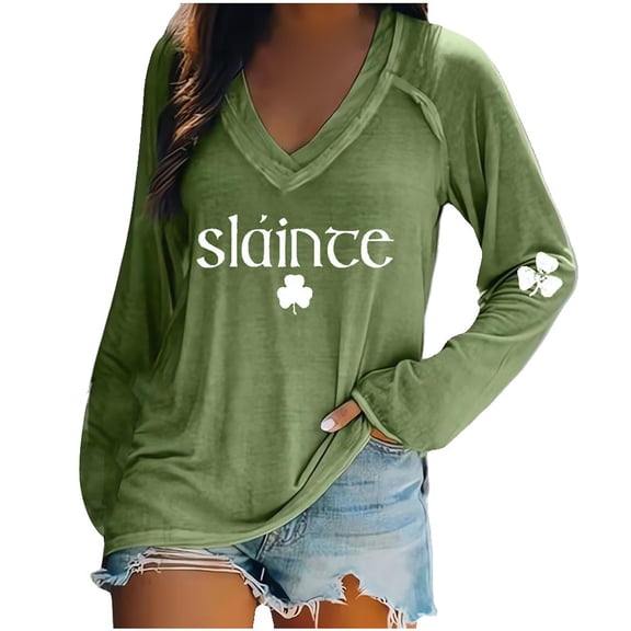 Wang6 Womens Long Sleeve St Patricks Day V Neck T-Shirt Plus Size Shamrock Letter Printed Tops Causal Loose Fit Saint Graphic Tees Shirts Green1 XL