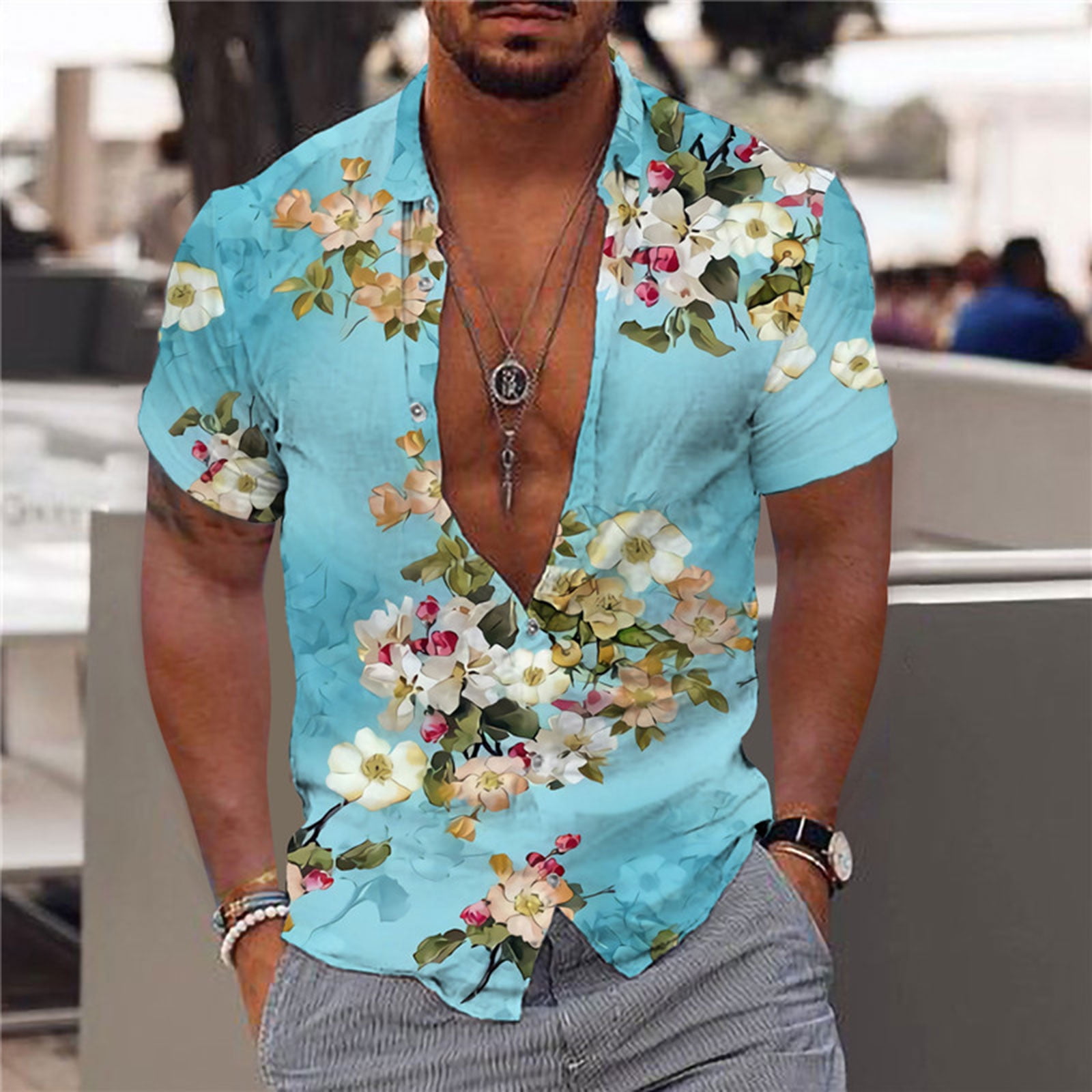 No Boundaries, Men's, 2XL, Multicolor, Hawaiian Rayon Button Shirt