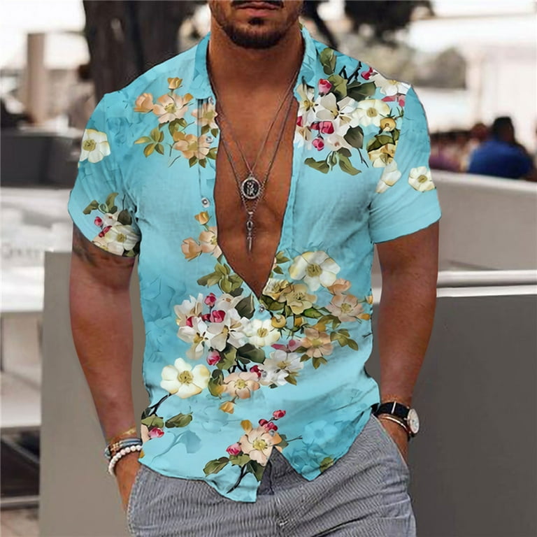 ZCFZJW Mens Casual Button Down Hawaiian Shirts Trendy Summer Short Sleeve Boho Floral Print Beach Holiday T Shirts Loose Regular Fit Tops Blue L