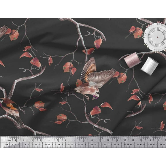 Soimoi Black Cotton Duck Fabric Dry Leaves & American Goldfinch Bird Print Fabric by Yard 44 Inch Wide