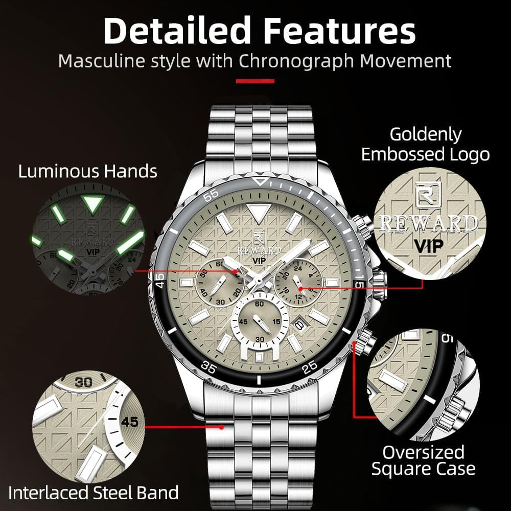 Mens Watches Analog Quartz Chronograph Stainless Steel Watches for Men 30M Waterproof Men's Wrist Watches with Calendar Luxury Business Work Casual Watch Elegant Gifts
