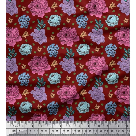 Soimoi Japan Crepe Satin Fabric Leaves,Periwinkle & Peony Floral Decor Fabric Printed Yard 42 Inch Wide