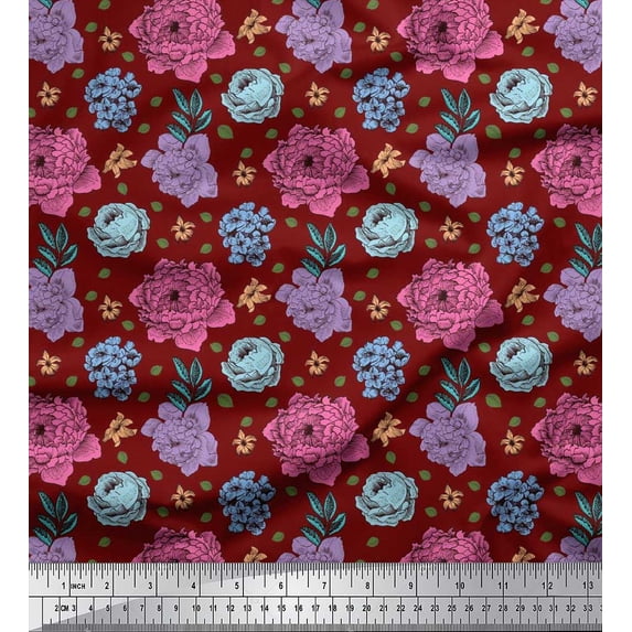 Soimoi polyester Crepe Fabric Leaves,Periwinkle & Peony Floral Print Sewing Fabric Yard 42 Inch Wide