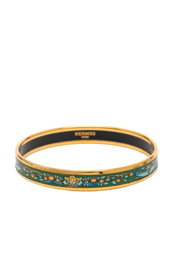 Pre-Owned Hermes Enamel PM Cloisonn Bangle, Gold and Green Plated, Women's
