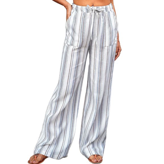 Casual Pants for Women Drawstring Striped Loose Wide Leg Trousers with Large Pockets