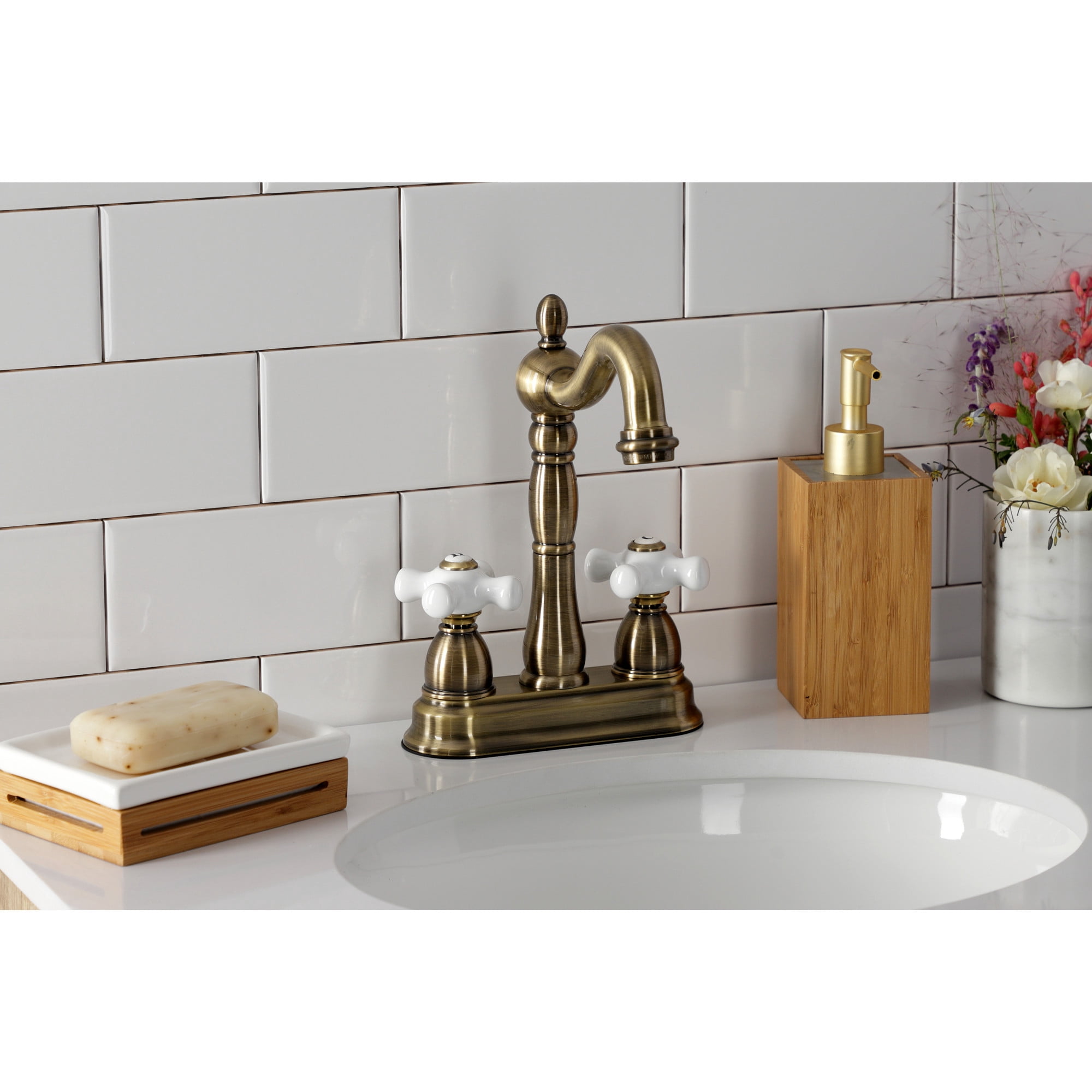Kingston Brass KB1493PX Heritage Two-Handle 2-Hole Deck Mount Bar Faucet in Antique Brass