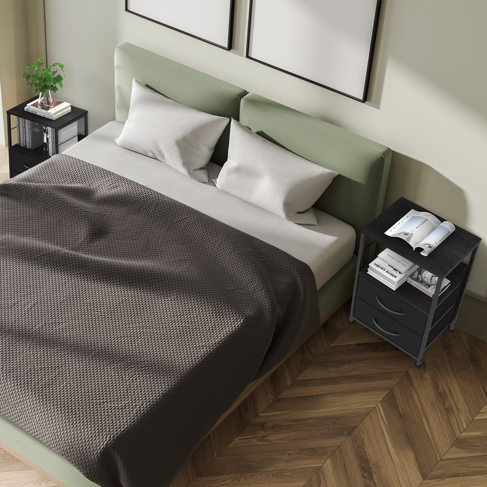 Oumilen Adult Nightstand for Bedroom End Side Table with 2 Drawers and Open Shelf Wood, Black Set of 2
