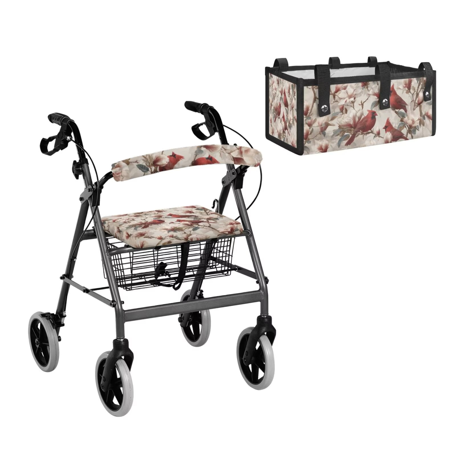 COEQINE Rollator Walker Seat and Backrest Covers with Storage Bag 3 Pieces Set, Universal Washable Rollator Walker Accessories Gifts for Seniors Ladies, Cardinal Bird Magnolia