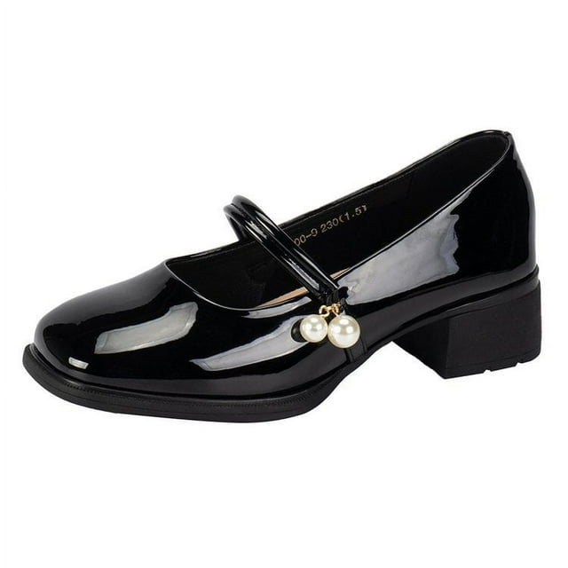 Escarpins à Talon Bloc pour Femmes avec Bride à la Cheville et Perles, Chaussures d'Uniforme pour Femmes et Filles