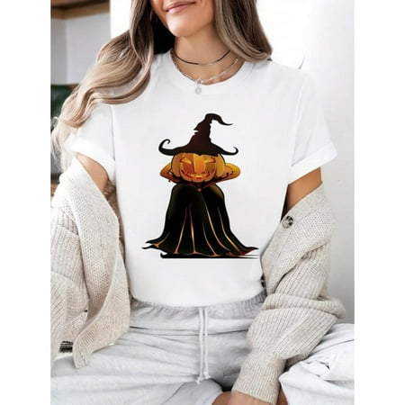 Halloween Cotton Sweatshirt Print Fashion Top For Party Travel Street Wear Short Sleeve Round Neck White S-5XL