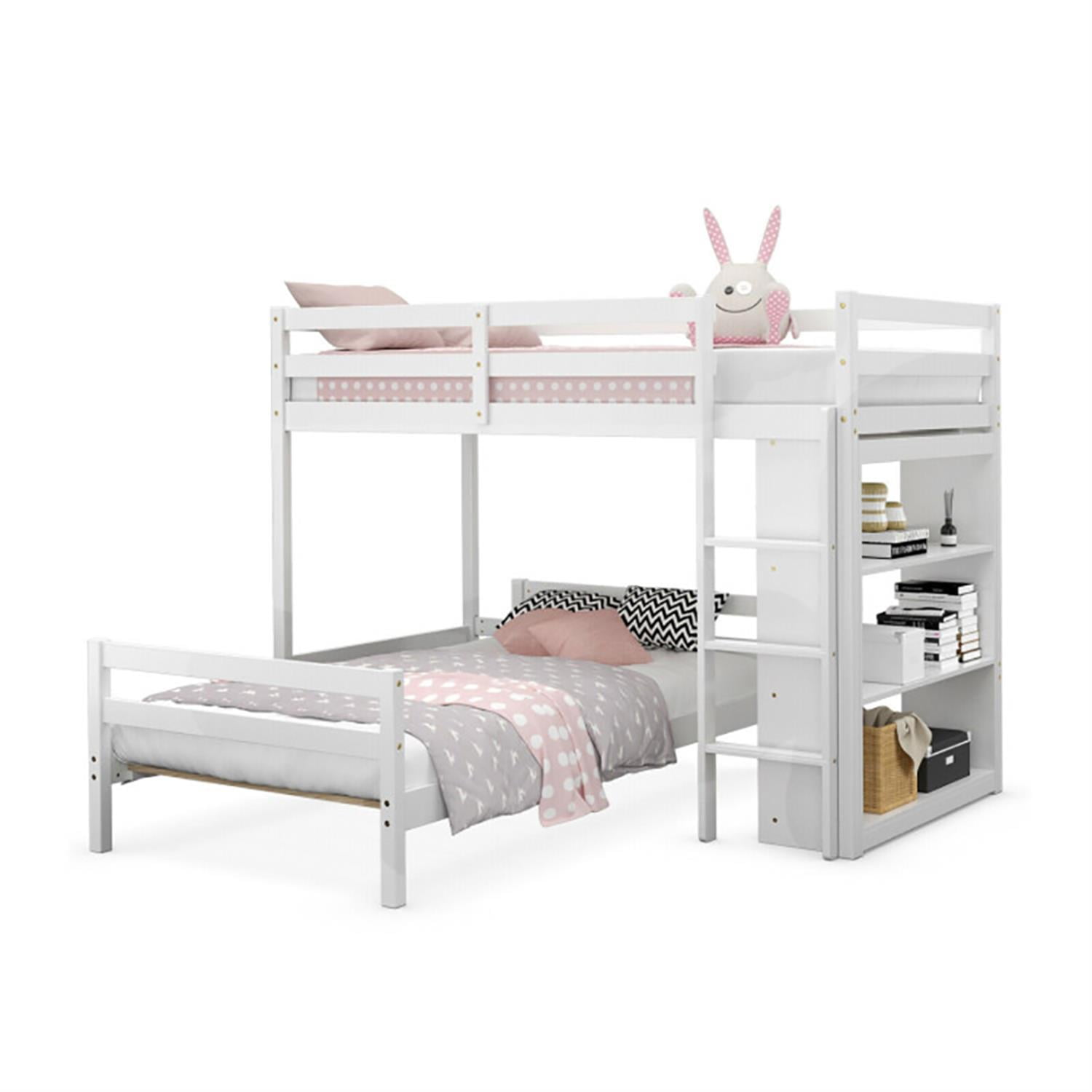 Demi Bonn Twin Over Twin Loft Bunk Bed with Bookcase, Twin Bunk Beds, Space-saving Solid Wood House Bed Frame, White