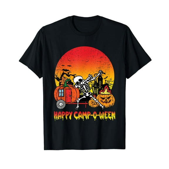 Happy Camp O Ween Halloween Costume Camping Pun Camper Crew Neck Black T-Shirt