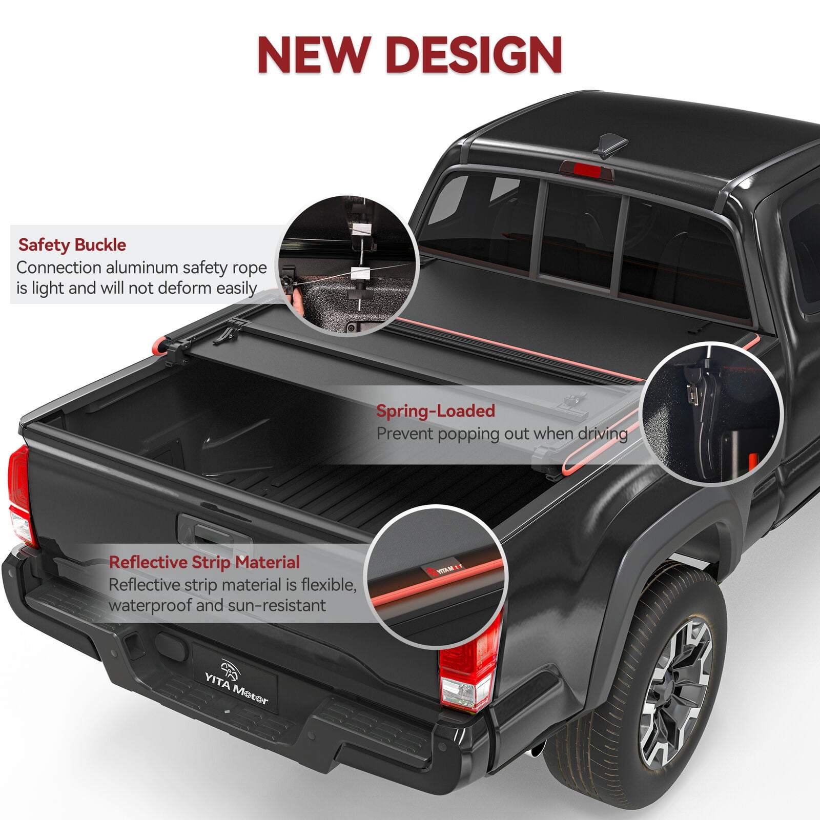 RVNI 5 ft Tonneau Cover Soft Tri-fold for 2016-2023 Toyota Tacoma Reflective Strip Style