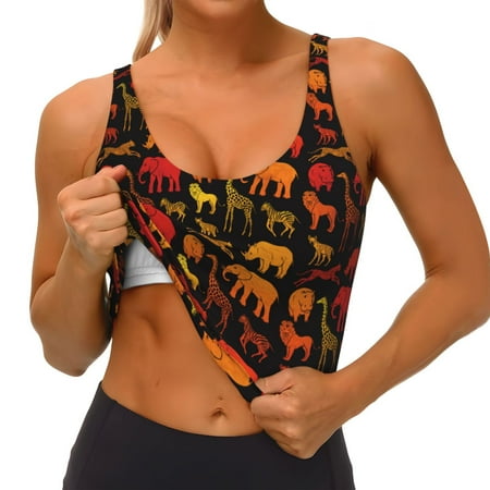 Qokaie Animal Pattern Womens Scoop Neck Sports Bra Breathable Workout Vest Padded U Back Medium Impact Fitness Gym Yoga Bra Workout Crop Top