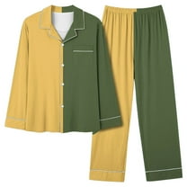 Annhoo Pajama Sets for Women 2 Piece Color Block Outfits Fall Lapel Long Sleeve Button down Shirts with Pants Homewear