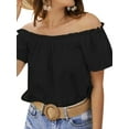 thumbnail image 3 of HUBERY Women Elastic Off Shoulder Ruffle Short Sleeve Solid Color Blouse, 3 of 7