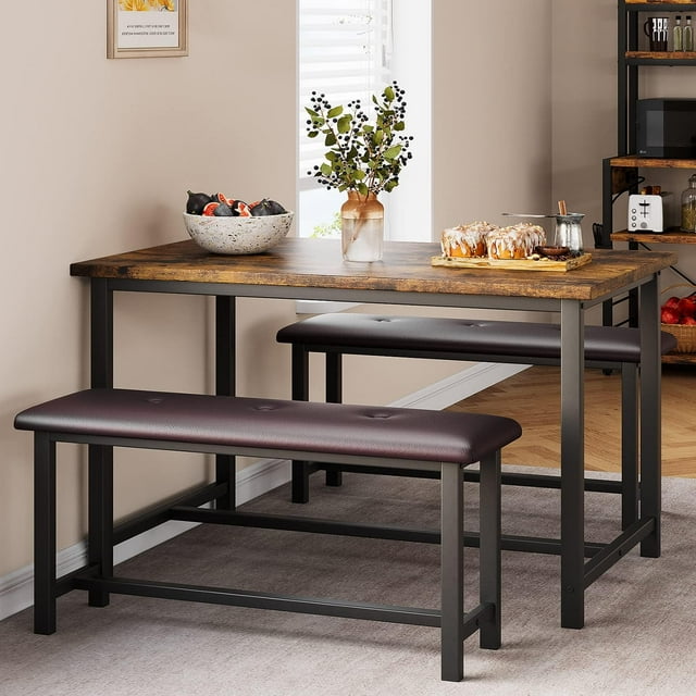 3Pcs Dining Table Set, Kitchen Table and Benches for 4, Rectangular Dining Room Table Set with 2 Upholstered Benches, Dining Table Set for Small Space, Apartment, Retro Brown